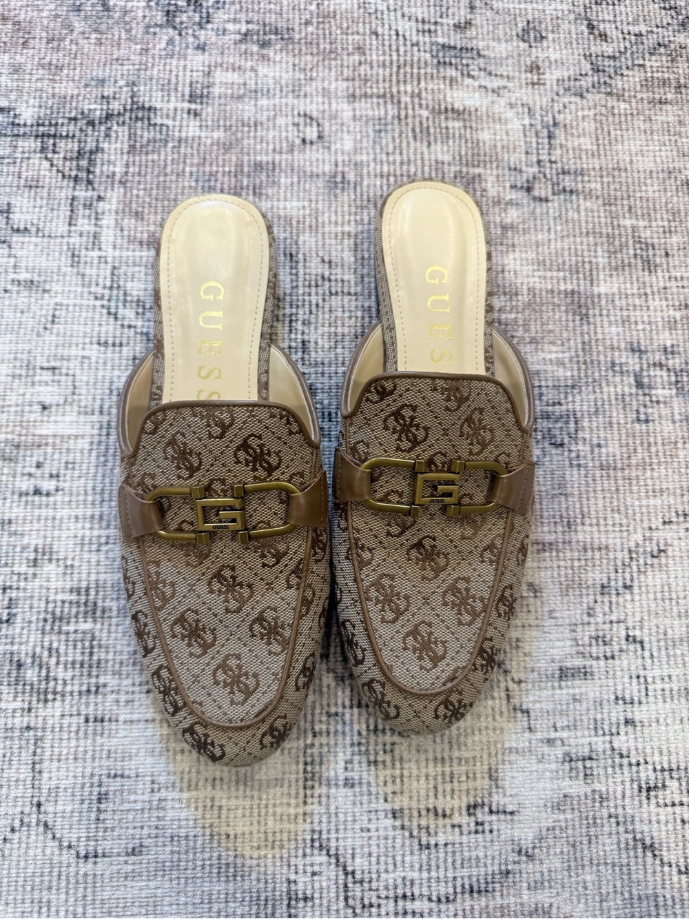 Guess Brown Signature Logo Slip-On Mules with Gold Buckle